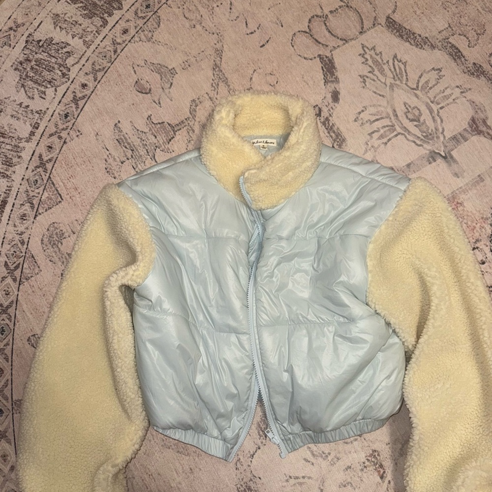 For Love And Lemons Light Blue and Cream Teddy Jacket